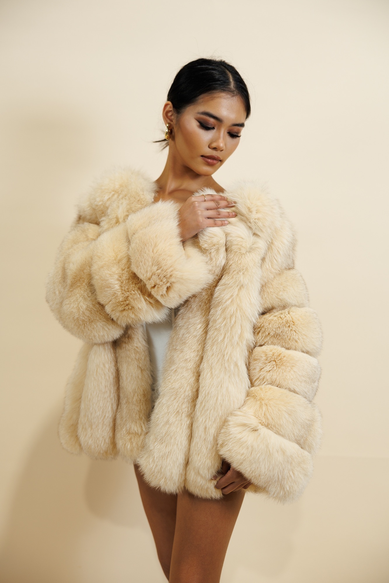 Courchevel fox fur coat in soft champagne, hip length, front view
